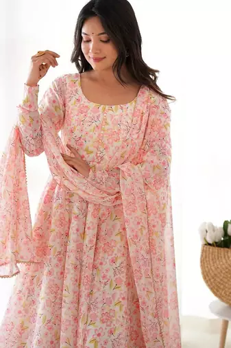 Light pink floral print heavy organza chiffon fully stitched anarkali style suit with pants & dupatta