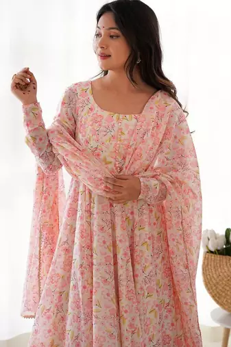 Light pink floral print heavy organza chiffon fully stitched anarkali style suit with pants & dupatta