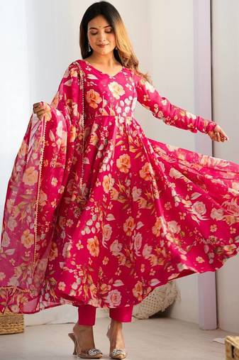 Rani pink floral print pure organza silk fully stitched anarkali style suit with pants & dupatta