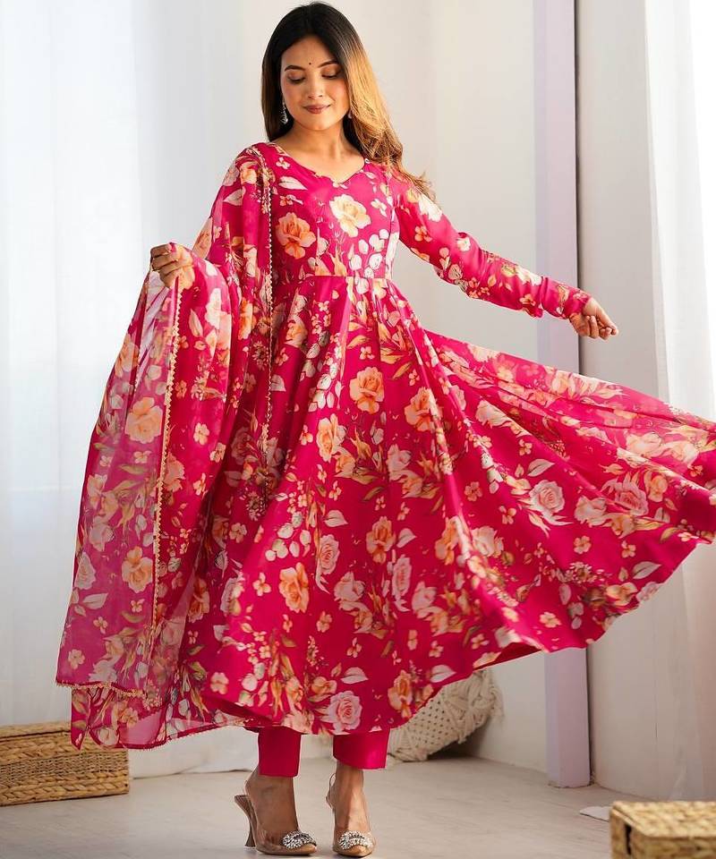 Rani pink floral print pure organza silk fully stitched anarkali style suit with pants & dupatta