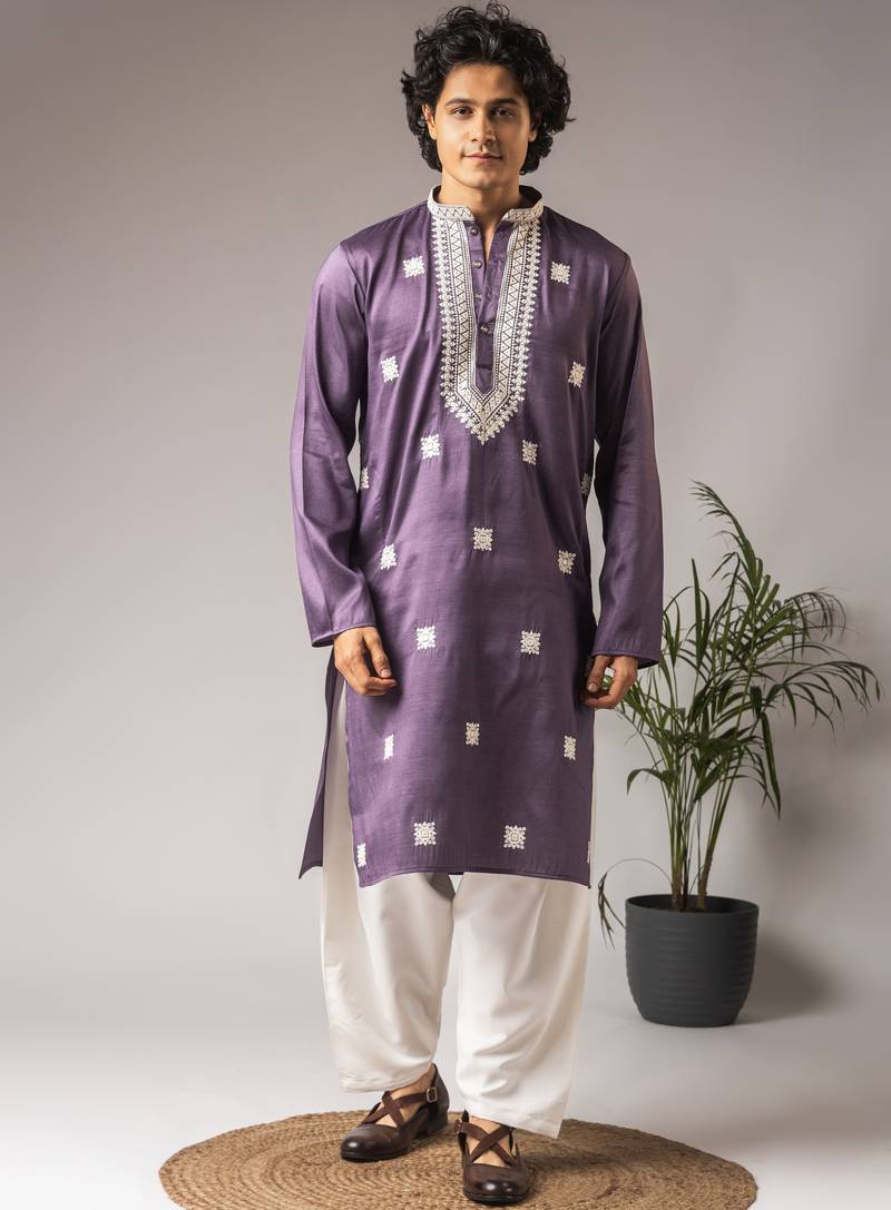 Purple color super silk fabric designer ceremonial kurta payjama for men's