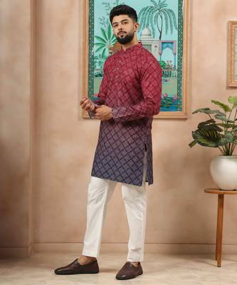 Maroon-blue color beautiful festive special kurta payjama for men's 5