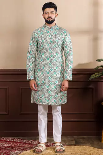 Blue color beautiful art silk fabric smart print designer kurta payjama