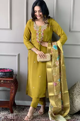 Gorgeous Embroidery Viscose Chanderi Fabric Straight Kurta Pant with Dupatta Set