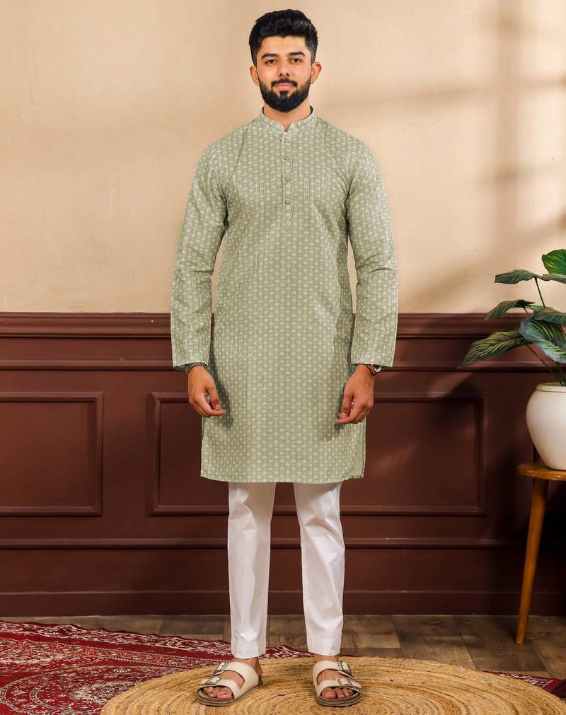 Pista color beautiful art silk fabric smart print designer kurta payjama