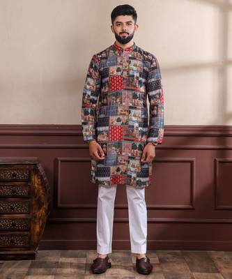 multicolor ethnic woven patta with digital printed ceremonial kurta payjama for men's 1
