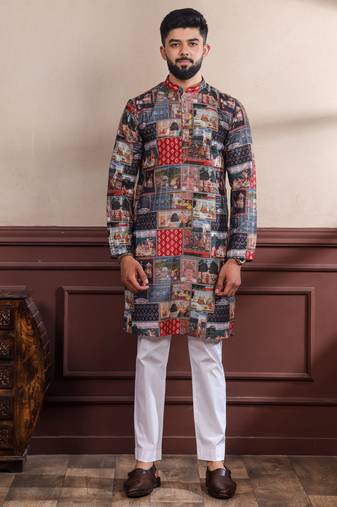 multicolor ethnic woven patta with digital printed ceremonial kurta payjama for men's