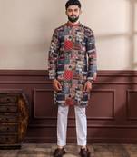 multicolor ethnic woven patta with digital printed ceremonial kurta payjama for men's