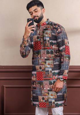 multicolor ethnic woven patta with digital printed ceremonial kurta payjama for men's 3