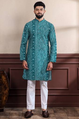 Rama color ethnic woven patta with digital printed ceremonial kurta payjama for men's