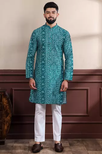 Rama color ethnic woven patta with digital printed ceremonial kurta payjama for men's