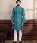 Rama color ethnic woven patta with digital printed ceremonial kurta payjama for men's