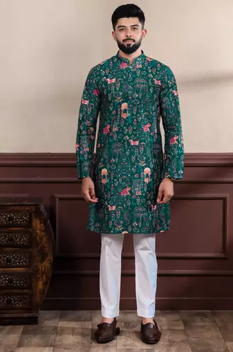 Green color ethnic woven patta with digital printed ceremonial kurta payjama for men's