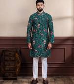 Green color ethnic woven patta with digital printed ceremonial kurta payjama for men's