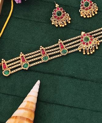 High gold polish choker necklace set, antique mehendi finish, red & green stone bridal jewelry for her 7