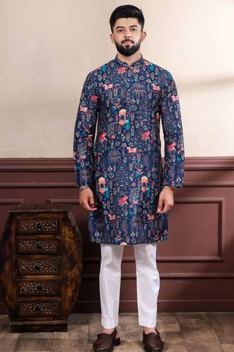 Blue color ethnic woven patta with digital printed ceremonial kurta payjama for men's