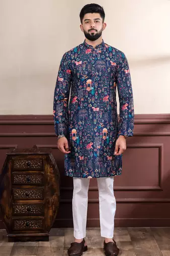 Blue color ethnic woven patta with digital printed ceremonial kurta payjama for men's