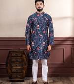 Blue color ethnic woven patta with digital printed ceremonial kurta payjama for men's