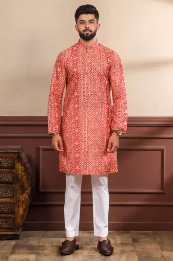 Orange color ethnic woven patta with digital printed ceremonial kurta payjama for men's