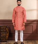 Orange color ethnic woven patta with digital printed ceremonial kurta payjama for men's