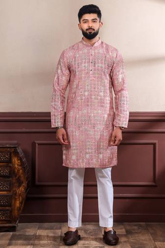 Pink color ethnic woven patta with digital printed ceremonial kurta payjama for men's