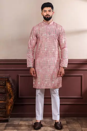 Pink color ethnic woven patta with digital printed ceremonial kurta payjama for men's