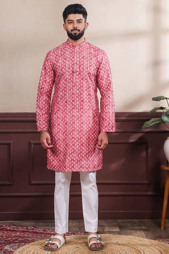 Pink color ethnic woven patta with digital printed ceremonial kurta payjama for men's