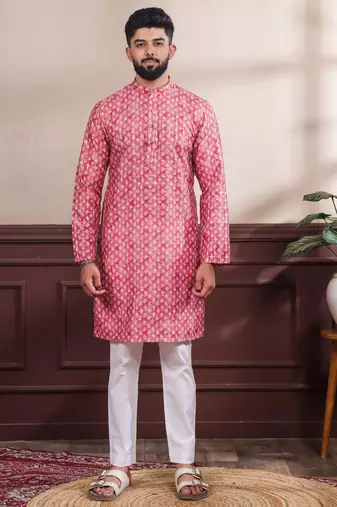 Pink color ethnic woven patta with digital printed ceremonial kurta payjama for men's