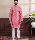 Pink color ethnic woven patta with digital printed ceremonial kurta payjama for men's