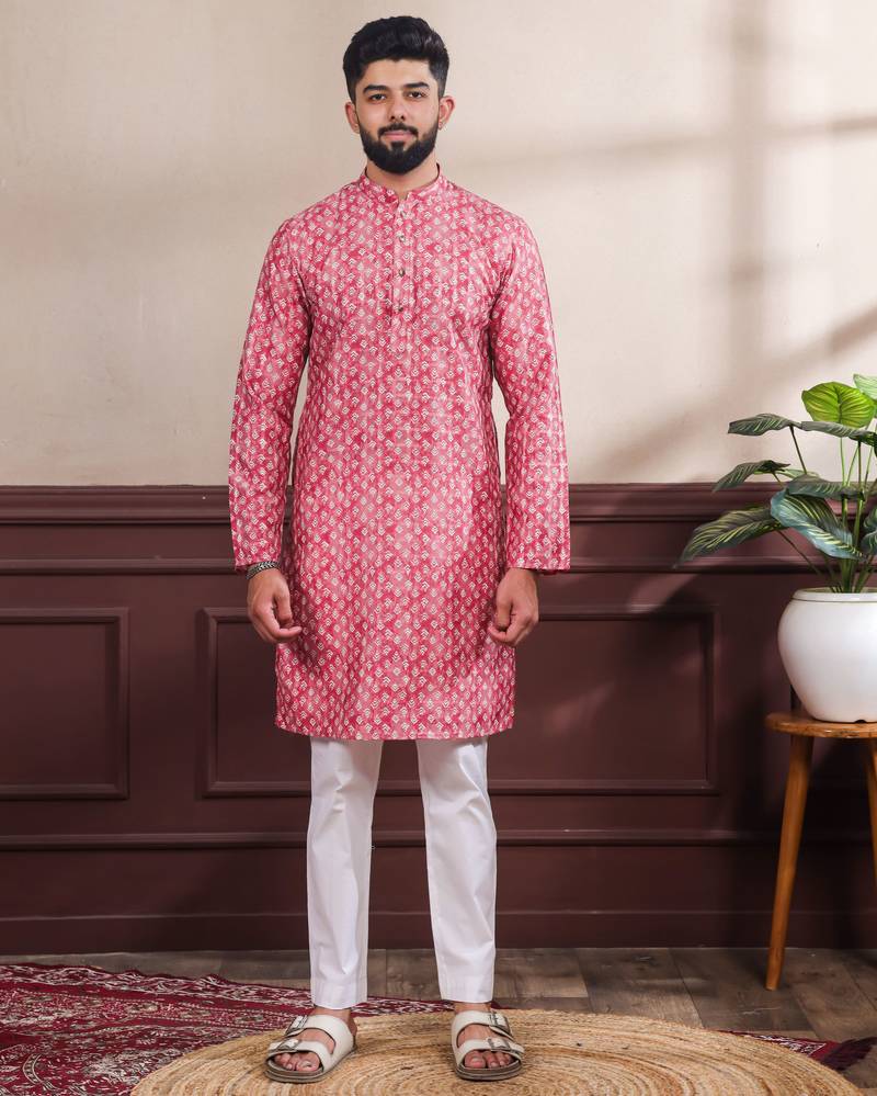 Pink color ethnic woven patta with digital printed ceremonial kurta payjama for men's