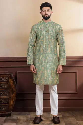 Pista color ethnic woven patta with digital printed ceremonial kurta payjama for men's