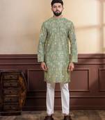 Pista color ethnic woven patta with digital printed ceremonial kurta payjama for men's