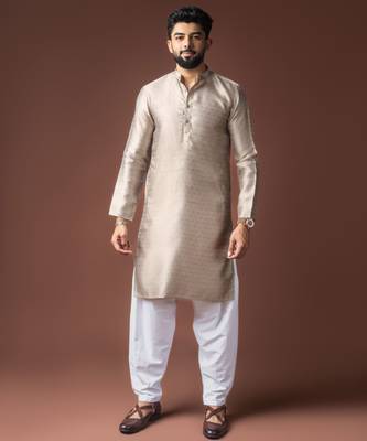 Silver color jacquard ethnic men's kurta payjama for festive looks 1