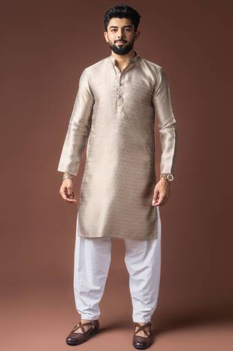 Silver color jacquard designer ethnic men's kurta payjama for festive looks