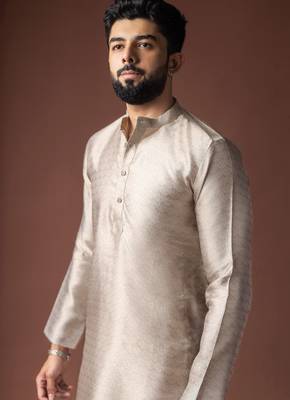 Silver color jacquard ethnic men's kurta payjama for festive looks 3