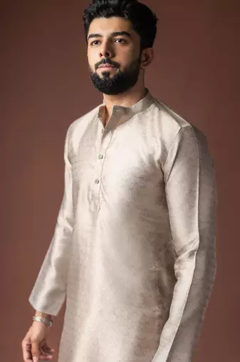 Silver color jacquard ethnic men's kurta payjama for festive looks