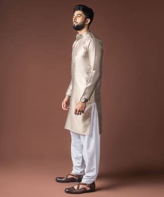 Silver color jacquard ethnic men's kurta payjama for festive looks 4