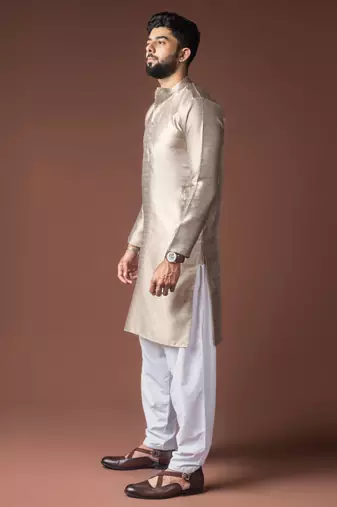 Silver color jacquard ethnic men's kurta payjama for festive looks