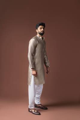 Silver color jacquard ethnic men's kurta payjama for festive looks 5