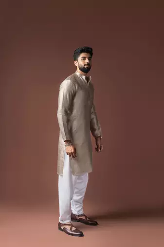 Silver color jacquard ethnic men's kurta payjama for festive looks