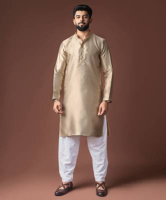 Beige color jacquard ethnic men's kurta payjama for festive looks 1