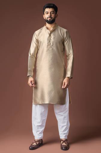 Beige color jacquard designer ethnic men's kurta payjama for festive looks