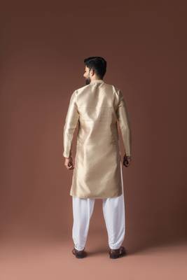 Beige color jacquard ethnic men's kurta payjama for festive looks 2