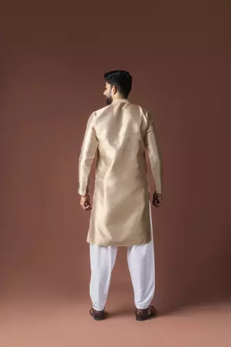 Beige color jacquard ethnic men's kurta payjama for festive looks