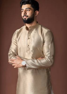 Beige color jacquard ethnic men's kurta payjama for festive looks 3