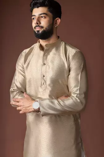 Beige color jacquard ethnic men's kurta payjama for festive looks