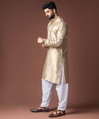Beige color jacquard ethnic men's kurta payjama for festive looks 4