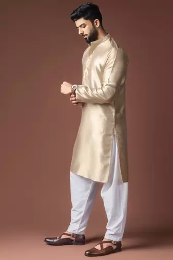 Beige color jacquard ethnic men's kurta payjama for festive looks