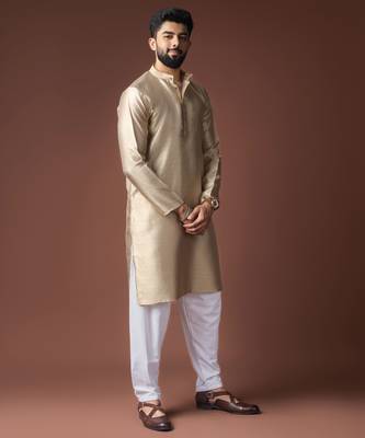 Beige color jacquard ethnic men's kurta payjama for festive looks 5
