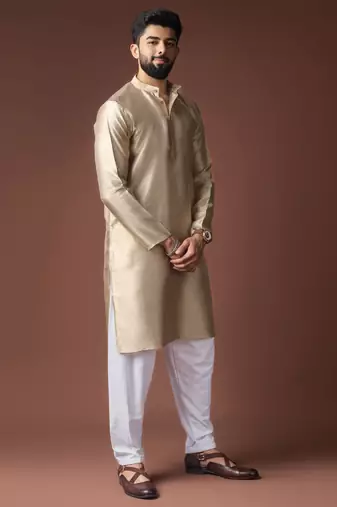 Beige color jacquard ethnic men's kurta payjama for festive looks